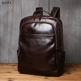NZPJ Retro Genuine Leather Men's Backpack Fashion Backpack Top Layer Cowhide Computer Backpack Large Capacity Travel Bag